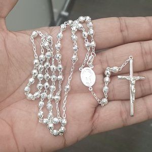925 sterling silver daimond cut rosary necklace size 22 inche, hanging size 5 in